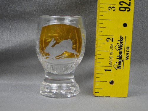 Böhmischer Schliff Bernstein Klar Kristall Radierung Jagd Schnapsglas Tier Truthahn Ente - Bild 4 von 18