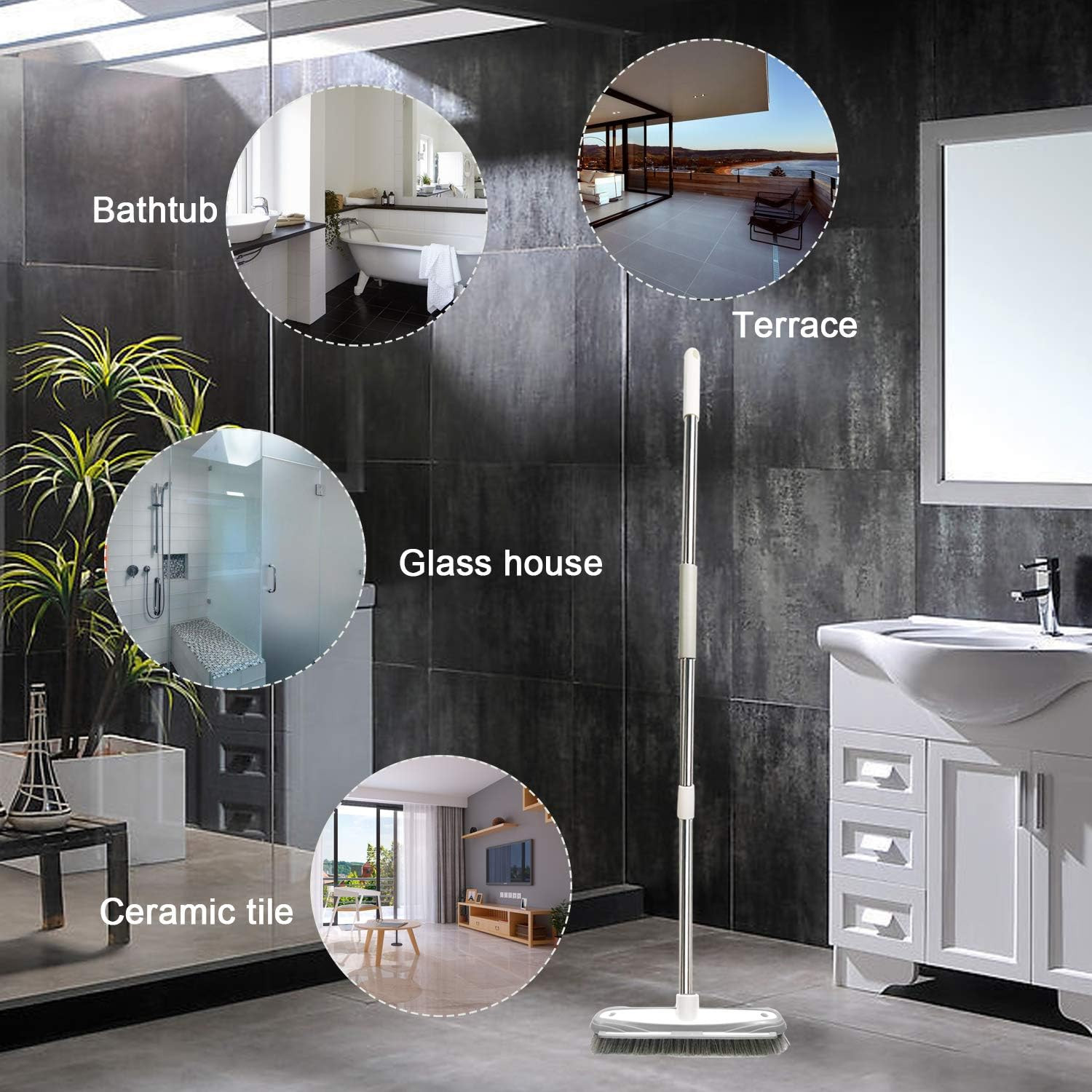 Push Broom,Tub Tile Broom Brush,Stiff Bristles Broom for Shower Cleaning, Patio,