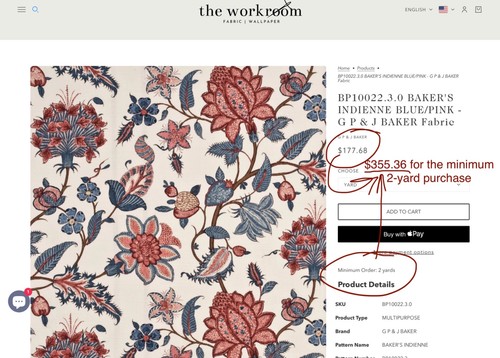 GP&J BAKER UK Lee Jofa Baker’s Indienne Blue Pink 88% Linen Fabric $230 Retail - Picture 11 of 24