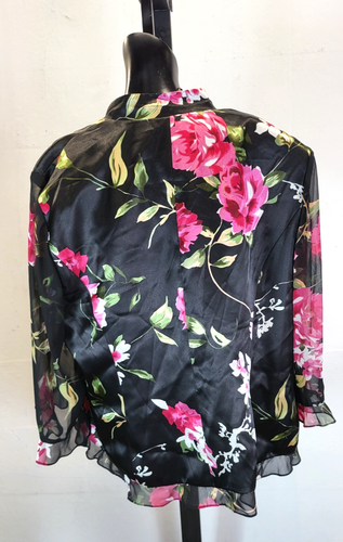 Vintage Alex Evening rosa/schwarz Blumenmuster Satin durchsichtig Pankou Knoten Jacke Damen 2X - Bild 4 von 20