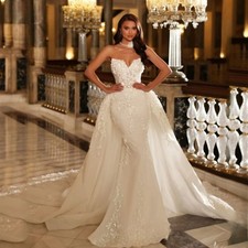 Luxury Mermaid Wedding Dresses Detachable Train Satin Appliques Bridal Gowns