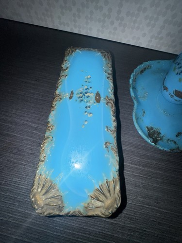 Italian Murano Blue Opaline Vanity Set Hand Gilt Floral Mid-Century Art Glass - Picture 15 of 21