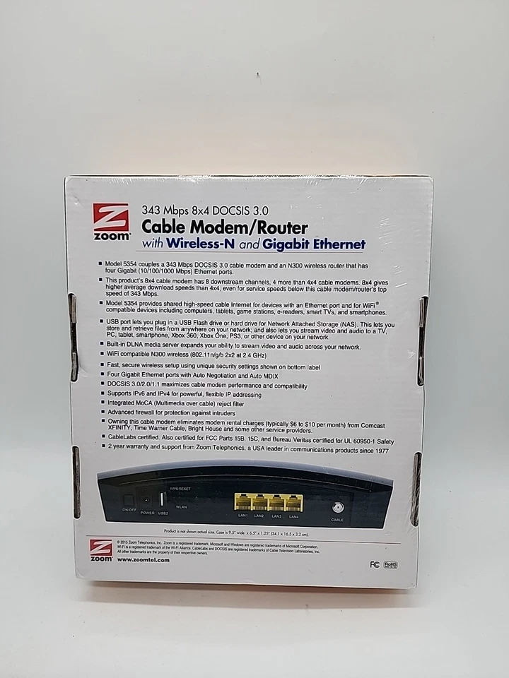 ZOOM 343 Mbps 8x4 DOCSIS 3.0 Cable Modem ROUTER With Wirreless-N and Gigabit - Image 2 of 4