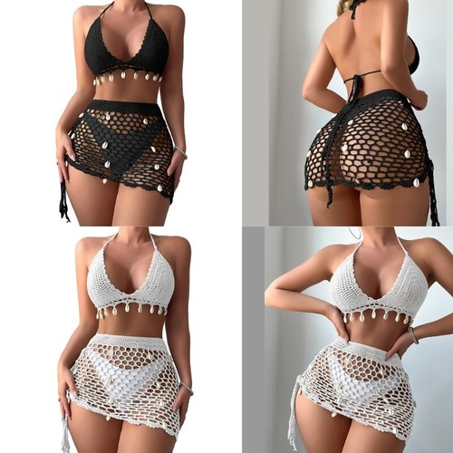 Women s 2 Piece Bathing Suits Seashells Bikinis Set with Cover Up Skirt - Picture 6 of 17
