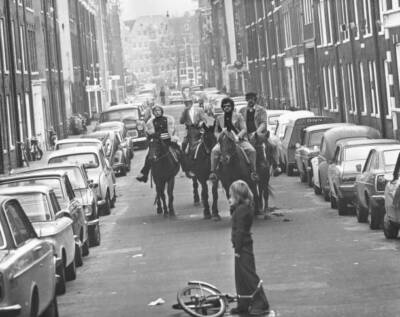 Four horsemen riding through streets Amsterdam a 'motorless da- 1973 Old Photo