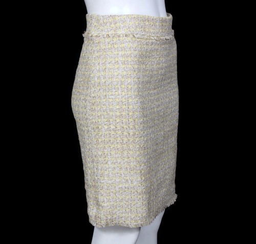 NWT ANN TAYLOR Yellow Beige Tweed Houndstooth Frayed Hem Pencil Skirt sz 0 /037 - Picture 3 of 6