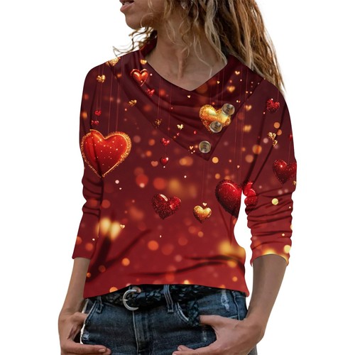Women's Casual Button V-Neck Long Sleeved Shirt With Printed Fashion T-Shirt - Picture 10 of 42