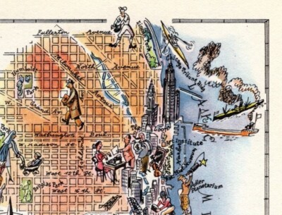 1940s Vintage Chicago Picture Map Liozu Chicago Illinois Map Wall