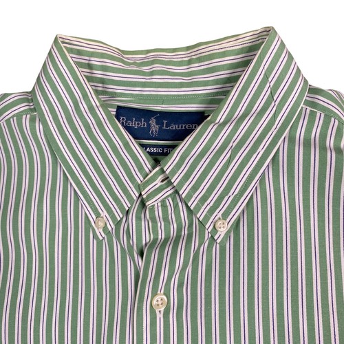 Camisa Ralph Lauren Abotonada Para Hombre Talla 17 34/35 Rayas Verticales Verde Preppy - Imagen 5 de 10