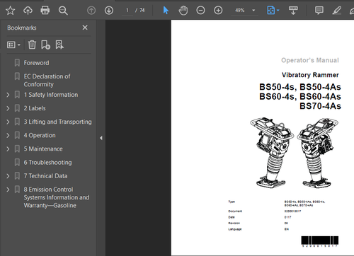 WACKER NEUSON BS50 VIBRATORY RAMMER OPERATORS SERVICE REPAIR MANUAL PDF USB - Picture 4 of 4