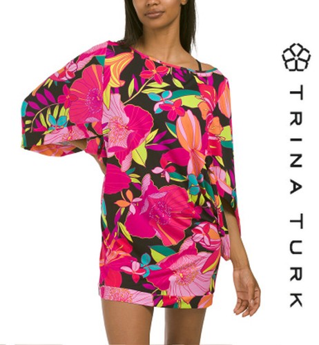 $152 Trina Turk SOLAR FLORAL TUNIC SWIM COVER UP Dress Beach Resort Cruise Sz XL