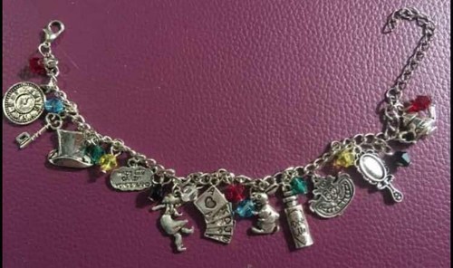 ALICE IN WONDERLAND CHARM BRACELET as shown Rabbit Hat Drink Cheshire Cat Clock - Picture 1 of 6