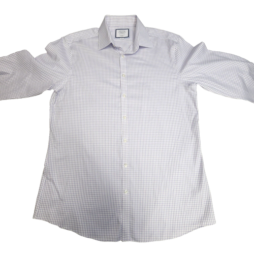 Camisa de vestir Charles Tyrwhitt manga larga blanca púrpura a cuadros para hombre talla 17 - Imagen 6 de 11
