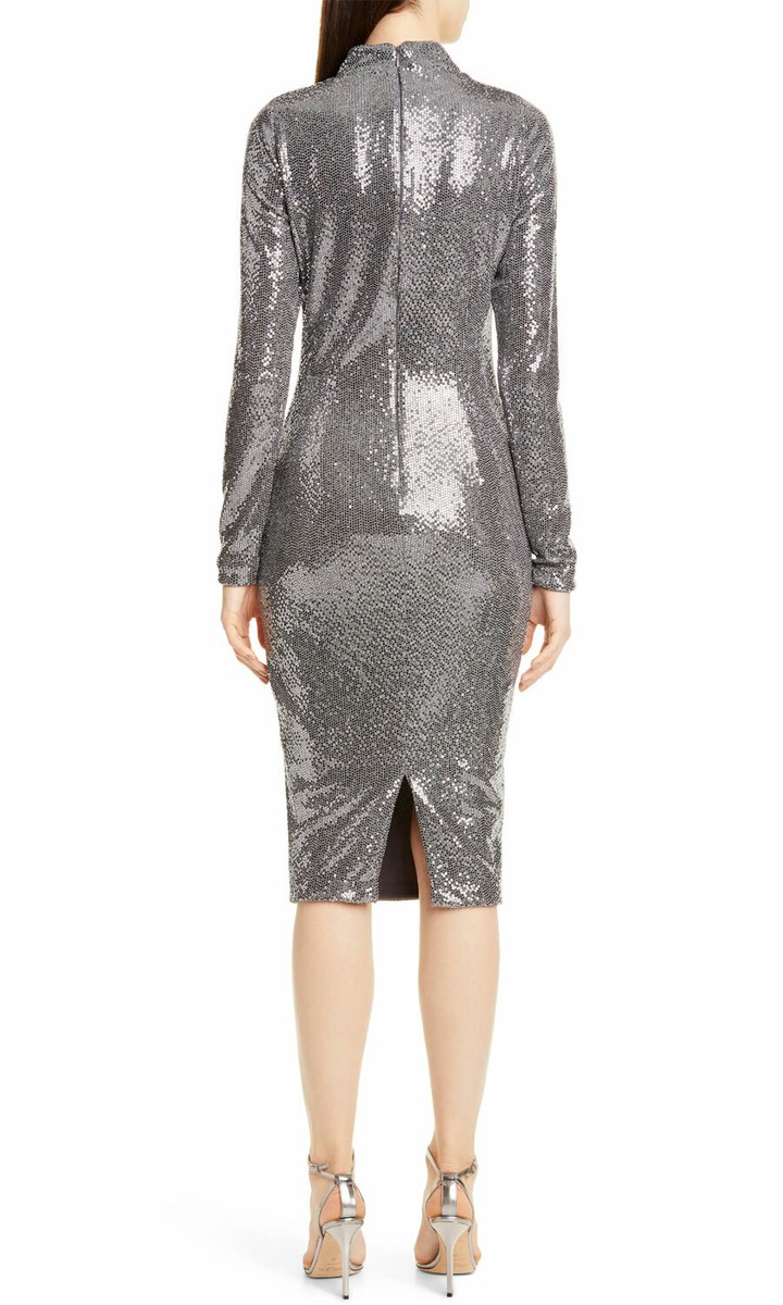 Badgley Mischka Collection Womens Long Sleeve Sequin Cocktail Dress 2 Silver eBay