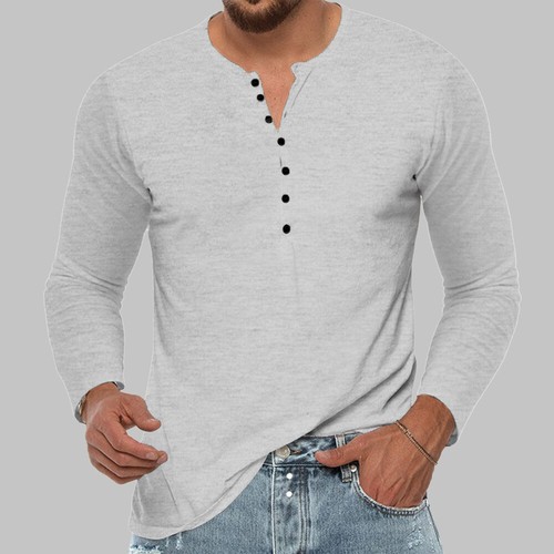 Mens Henley Shirt Tops Long Sleeve Button Casual Slim Fit Grandad T Shirt Blouse - Picture 16 of 17