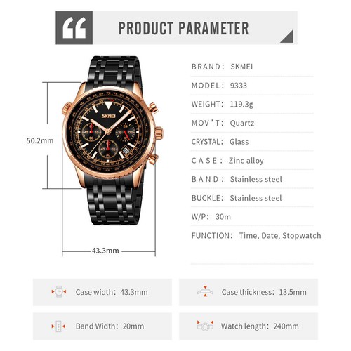 SKMEI Men Brand Watch Chronograph Multifunction Quartz Wristwatch Steel Watches - Picture 4 of 28