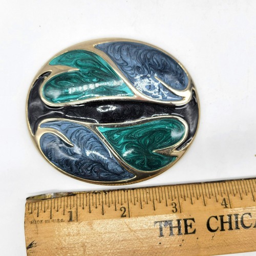 Vintage Stretch Belt Buckle 80s Large Oval Enameled Hearts Blue Green DMP - Picture 2 of 8
