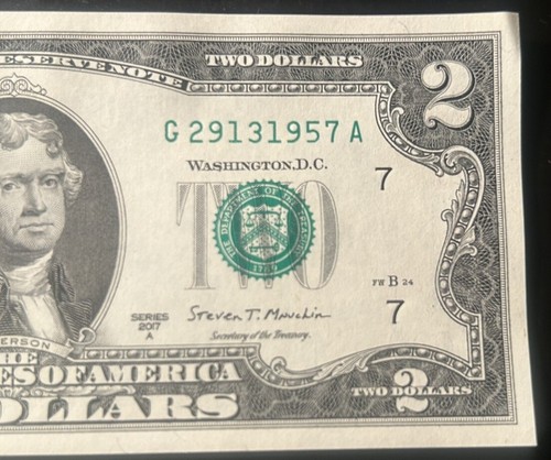 $2 Fancy Serial Number Trailing Birthday Year Note 1957 G29131957A Series 2017A - Afbeelding 1 van 3