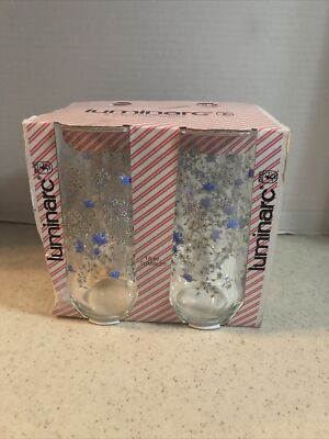 LUMINARC BY DURAND 16 OZ. DECORATED TUMBLER'S  BLUE FLORAL  SET OF 4  USA
