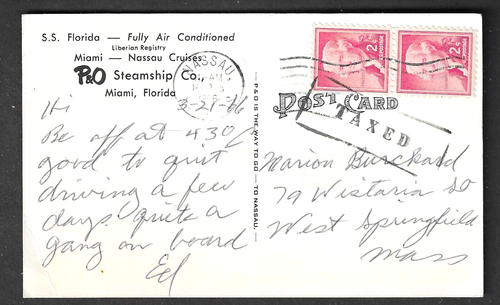 Taxed use of 2c Liberty stamps from Bahamas on P&O steamship Co. postcard - Picture 1 of 2