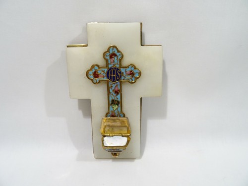 Antiguo Pila de Agua Bendita en Cristal Cloisonnes Mármol Esmalte Stoup Católico - Imagen 8 de 10