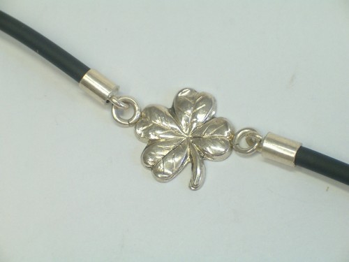 Four-Leaf: Bracelet Silver 925 And Rubber With Good Luck Charm - Bracelet - Picture 1 of 5