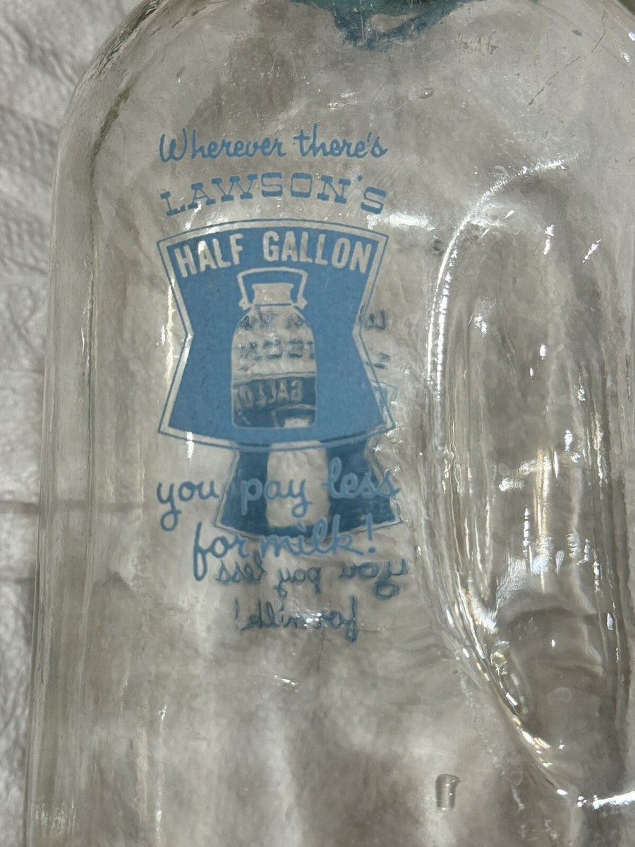Vintage Lawson's Half Gallon Glass Milk Jug Blue Letters