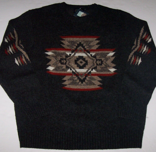 NWT Pendleton Black ROCK POINT Shetland Wool AZTEC GEO Crewneck Sweater Men's L