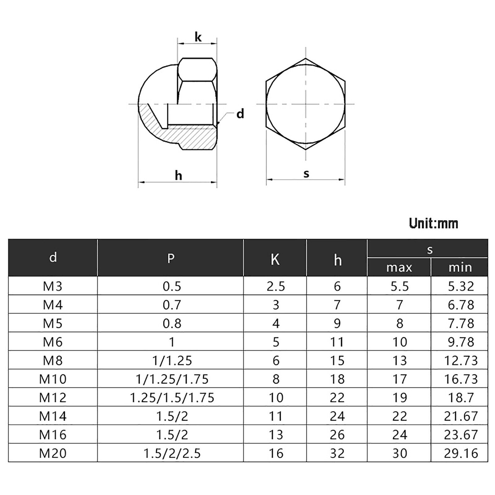 Hat nuts DIN 1587 SUS stainless steel MP hat nut M4 M5 M6 M8 M10 M12 high  shape