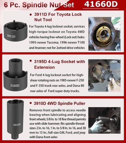 6 Pack 41660D Spindle Nut Socket Set Fit for Ford Dana 44 50 80, F-series Trucks - Bild 5 von 9