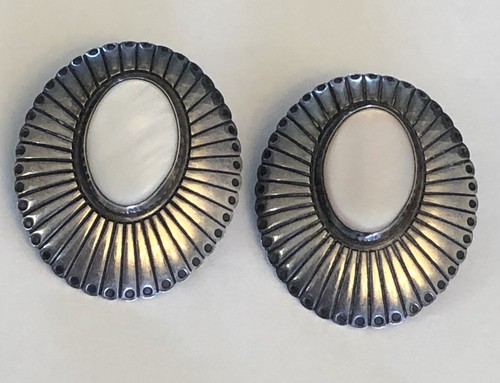 Vtg 925 Sterling Silver & White Shell Concho Earrings Signed RB Native American