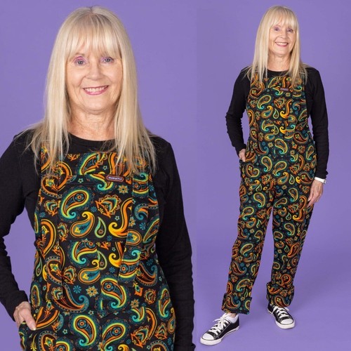 RUN AND FLY Dungarees Black Paisley Print Twill Cotton 4XS-4XL Retro Vtg Alt - Picture 1 of 14