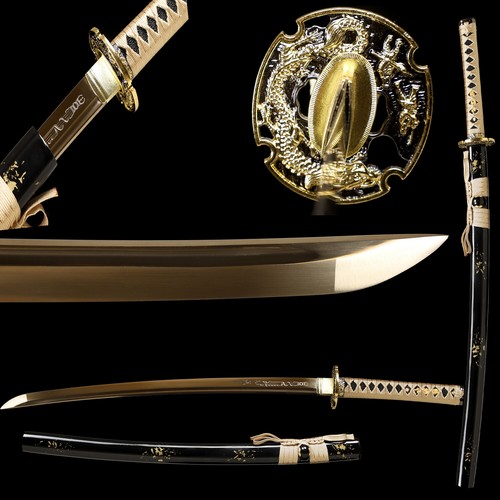 30'' Dragon Theme Sword Wakizashi 1095 Carbon Steel Gold Blade Full