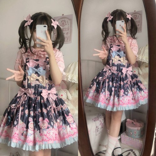 Lindo vestido de verano con tirantes falda jersey de lolita Bunny Bear Cake para mujer - Imagen 5 de 11