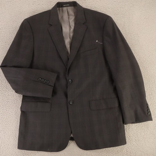 Windowpane Check Jacket L Gray Plaid 100% Wool Worsted Blazer Kenneth Cole 44R - Picture 2 of 16