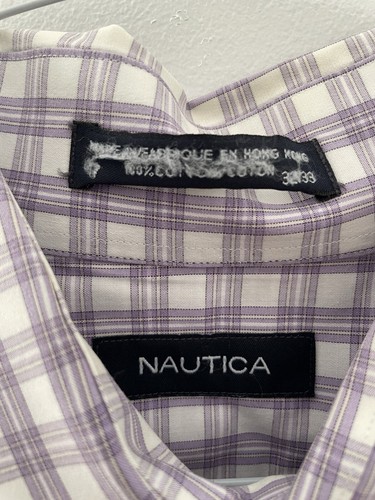 Nautica Long Sleeve Button Up Shirt Purple White Dress Casual Large 32/33 0824 - Picture 2 of 5