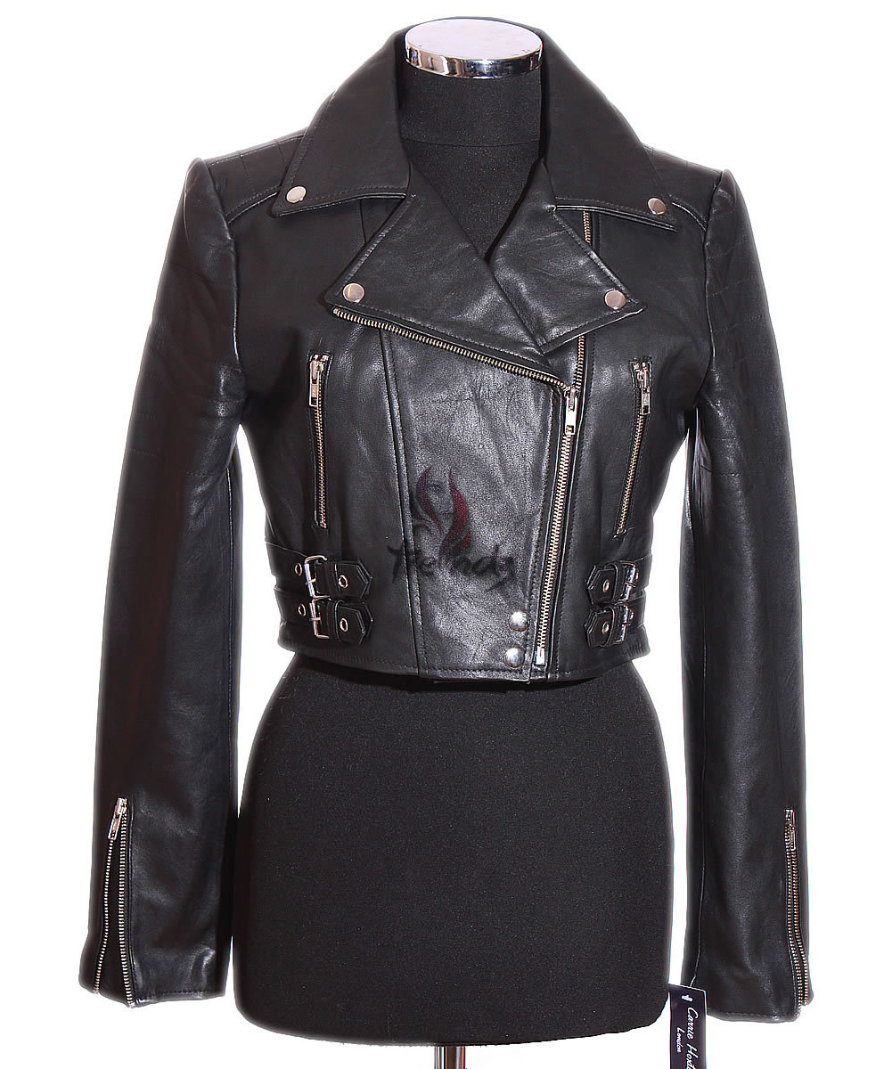 MISSY Ladies Leather Cropped Jacket Biker Short Coat Bolero Black Real Leather