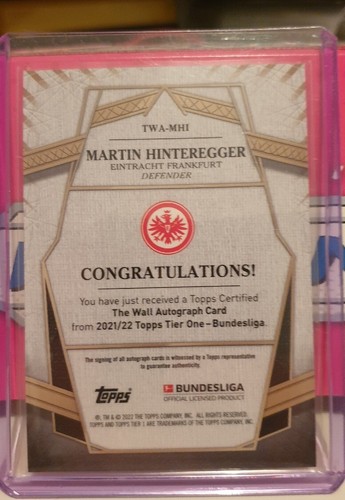 Topps Bundesliga Tier One 2021/2022 Martin Hinteregger, Frankfurr auto card /106 - Picture 2 of 2