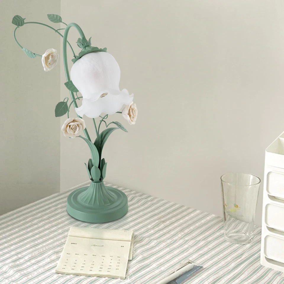 Elegante Lámpara de Mesa de Vidrio Luz Rosas Flor Vidrio Pantalla Verde y Blanco 60W Foto 3 de 4