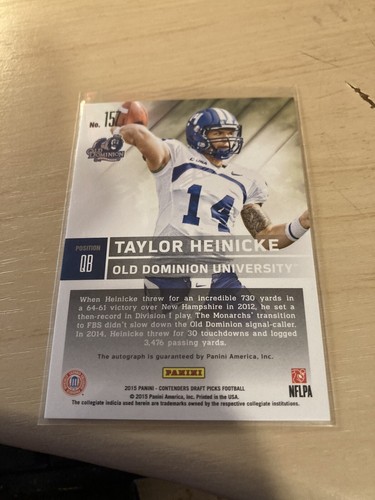 2015 Panini Contenders Draft Picks - Autographs #157 Taylor Heinicke (AU, RC) - Picture 2 of 2