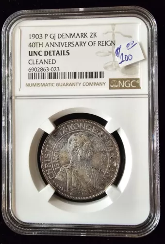1903 P GJ Denmark 2 Kroner - 40 Years - NGC UNC DETAILS