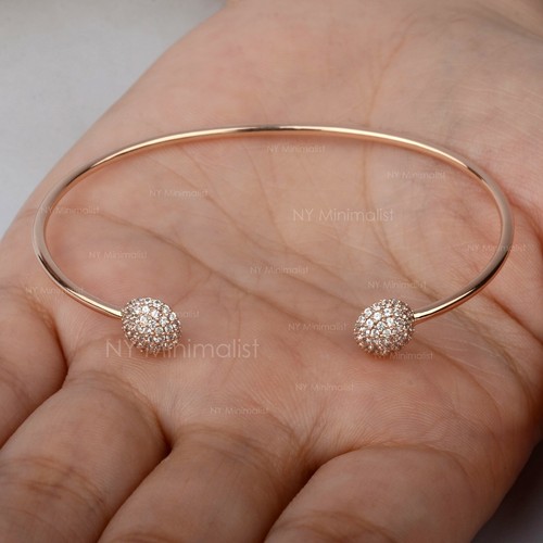 Real Diamond Cluster Parallel Ball Open Bangle Solid 14K Yellow Gold Cuff Bangle - Picture 3 of 8