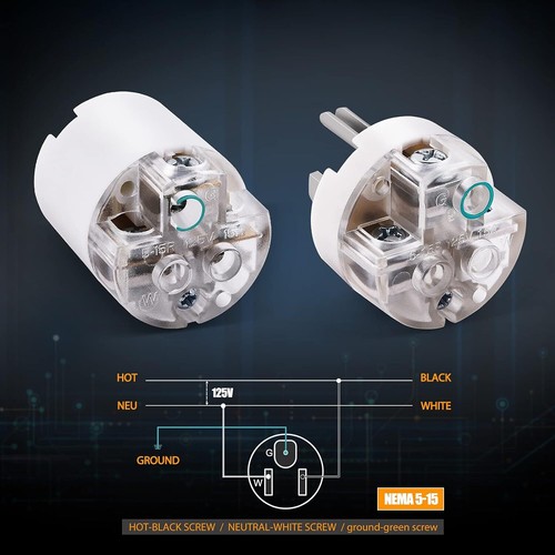 15A 125V Heavy Duty Male & Female Extension Cord Replacement Electrical End Plug - Picture 3 of 7