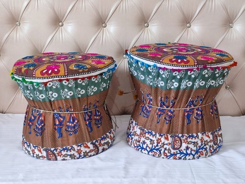 Set of 2 Bohemian IndianThrow Mudda Cover 18 in Red Cotton Footsrool Mudda Round - Picture 2 of 6