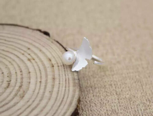 B18 Set Gioielli Bracciale Catena Anello Foglia di Ginkgo Perla Argento Sterling - Foto 3 di 4
