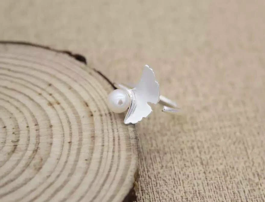 B18 Set Gioielli Bracciale Catena Anello Foglia di Ginkgo Perla Argento Sterling - Immagine 3 di 4