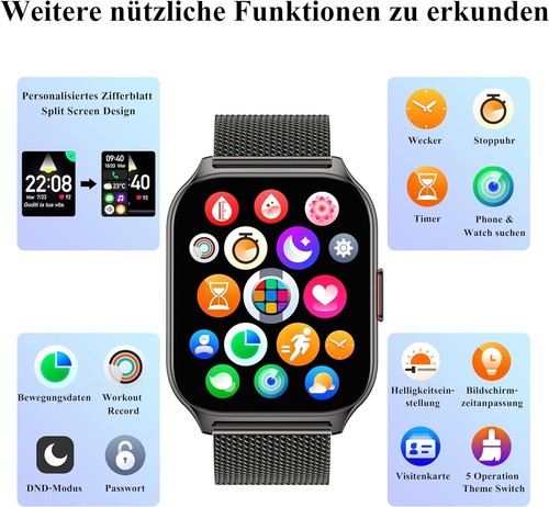 Smartwatch Herren 2 Zoll Bluetooth Telefonfunktion iOS-Apple & Android - Schwarz - Bild 4 von 7