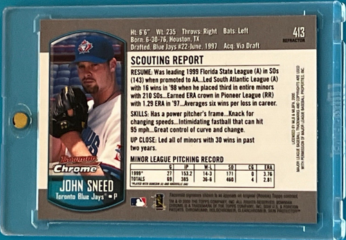 2000 BOWMAN CHROME - GOLD SIGNATURE REFRACTOR - JOHN SNEED (RC) #413 (SP) - Picture 2 of 4