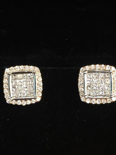 Classy 1.39 Cts Princess Round Cut Pave Diamonds Stud Earrings In Solid 14K Gold - Picture 6 of 8