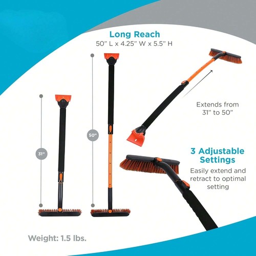50" Extendable Snow Brush With Ice Scraper For Car, Truck, SUV | 11" Wide Bristl - Picture 3 of 3